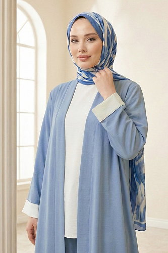 moda selvim Sofia Keten 3 lü Takım 878ART1044-M Bebe Mavisi - Thumbnail