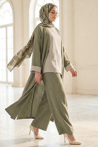 moda selvim Sofia Keten 3 lü Takım 878ART1044-M Haki - Thumbnail