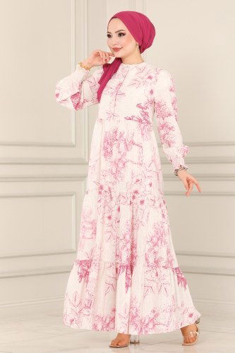 moda selvim Soyut Desenli Keten Elbise 2465SVT808 Fuşya - Thumbnail