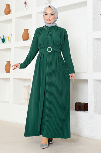 moda selvim Stone Belted Dress ASN125-M Emerald - Thumbnail