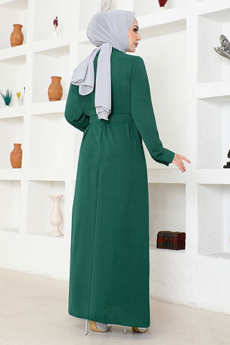 moda selvim Stone Belted Dress ASN125-M Emerald - Thumbnail