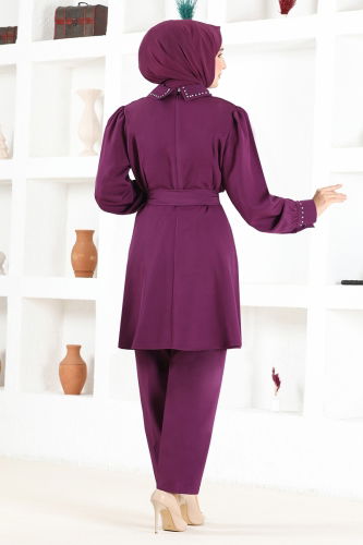 moda selvim Stone Detailed Belted Combination MSL7050 Damson - Thumbnail