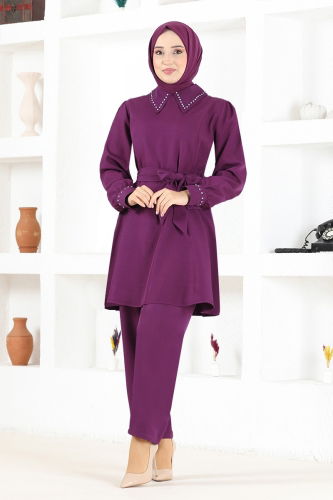 moda selvim Stone Detailed Belted Combination MSL7050 Damson - Thumbnail