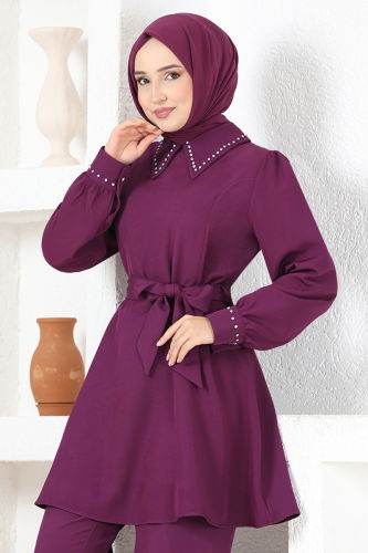 moda selvim Stone Detailed Belted Combination MSL7050 Damson - Thumbnail