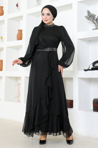 MRV E.N.D. - Stone Detailed Chiffon Evening Dress END5608-M Black