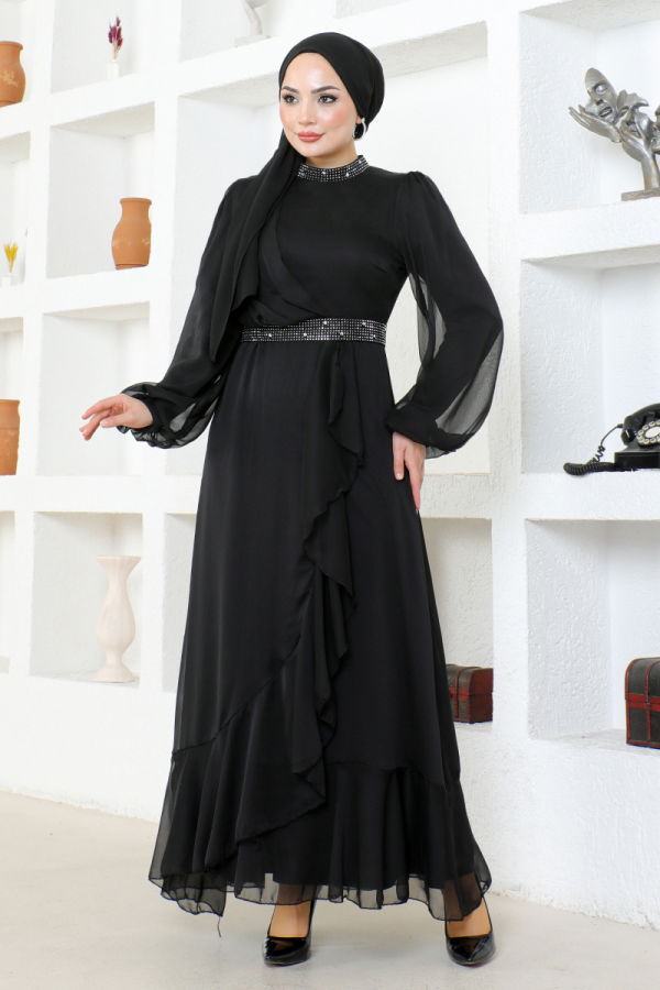 Modaselvim NET 20%+20% DISCOUNT IN THE CARD Stone Detailed Chiffon Evening Dress END5608-M Black