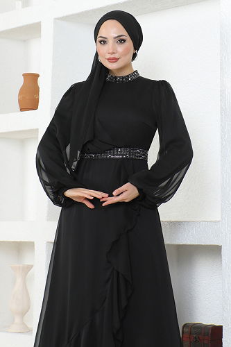 moda selvim Stone Detailed Chiffon Evening Dress END5608-M Black - Thumbnail