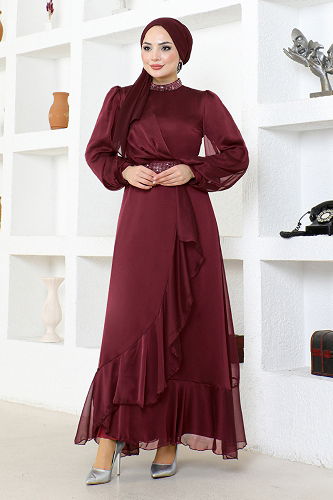 moda selvim Stone Detailed Chiffon Evening Dress END5608-M Burgundy - Thumbnail
