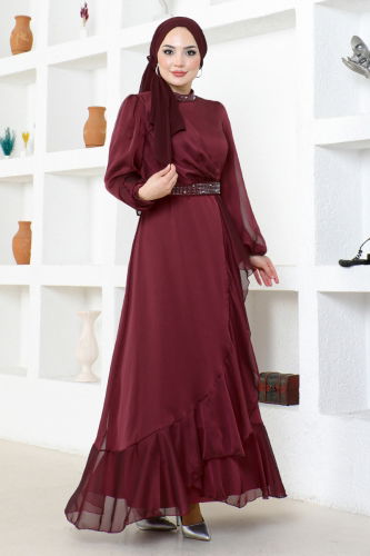 MRV E.N.D. - Stone Detailed Chiffon Evening Dress END5608-M Burgundy