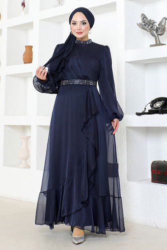 moda selvim Stone Detailed Chiffon Evening Dress END5608-M Laci - Thumbnail