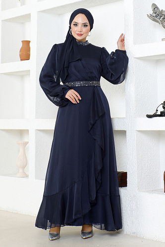 moda selvim Stone Detailed Chiffon Evening Dress END5608-M Laci - Thumbnail