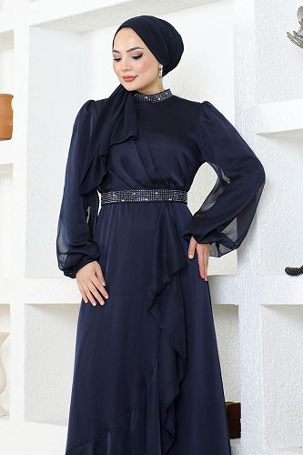 moda selvim Stone Detailed Chiffon Evening Dress END5608-M Laci - Thumbnail