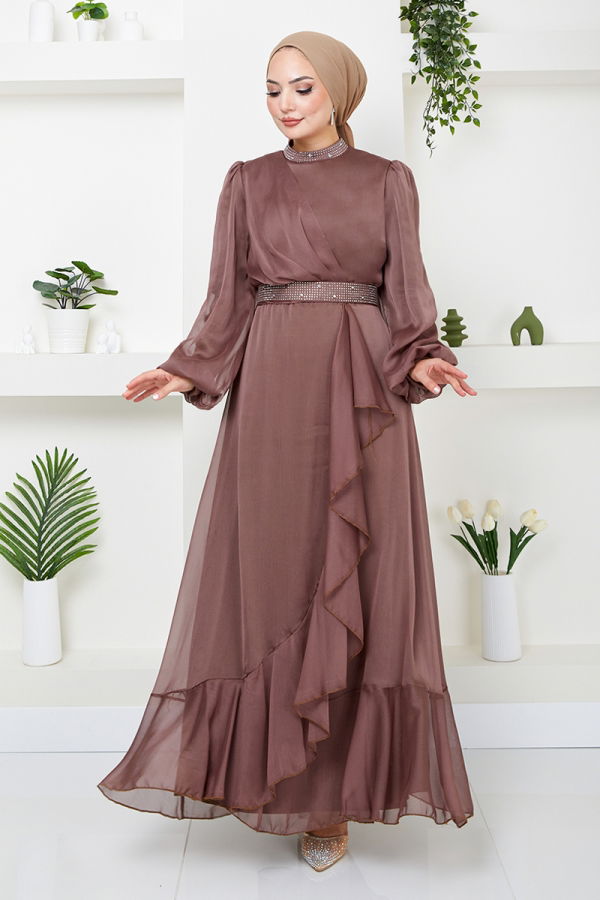 Modaselvim NET 20%+20% DISCOUNT IN THE CARD Stone Detailed Chiffon Evening Dress END5608-M Powder