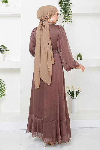 moda selvim Stone Detailed Chiffon Evening Dress END5608-M Powder - Thumbnail