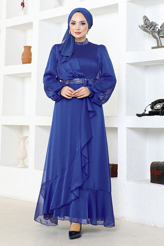 moda selvim Stone Detailed Chiffon Evening Dress END5608-M Saks - Thumbnail