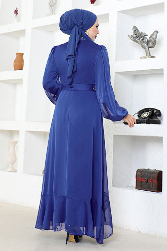 moda selvim Stone Detailed Chiffon Evening Dress END5608-M Saks - Thumbnail