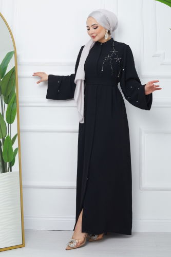 moda selvim Stone Detailed Crepe Abaya EFS445 Black - Thumbnail