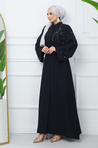 moda selvim Stone Detailed Crepe Abaya EFS445 Black - Thumbnail