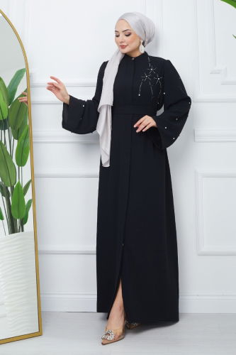 moda selvim Stone Detailed Crepe Abaya EFS445 Black - Thumbnail