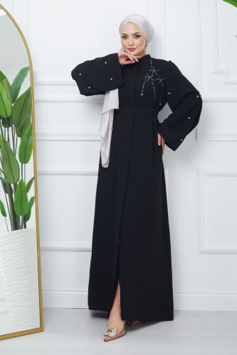 moda selvim Stone Detailed Crepe Abaya EFS445 Black - Thumbnail