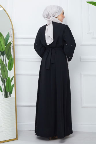 moda selvim Stone Detailed Crepe Abaya EFS445 Black - Thumbnail