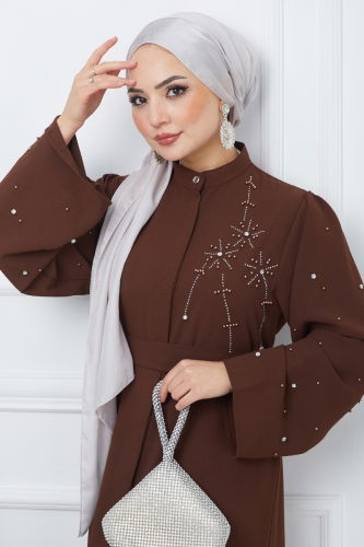 moda selvim Stone Detailed Crepe Abaya EFS445 Brown - Thumbnail