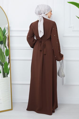 moda selvim Stone Detailed Crepe Abaya EFS445 Brown - Thumbnail