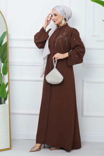 moda selvim Stone Detailed Crepe Abaya EFS445 Brown - Thumbnail