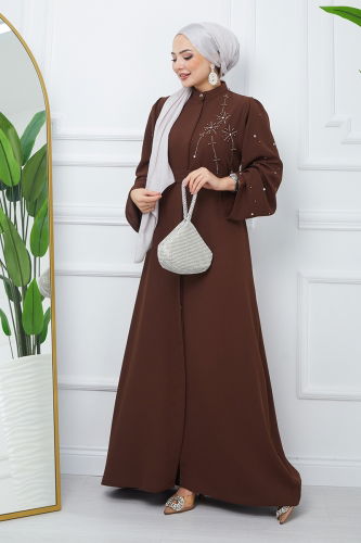 moda selvim Stone Detailed Crepe Abaya EFS445 Brown - Thumbnail