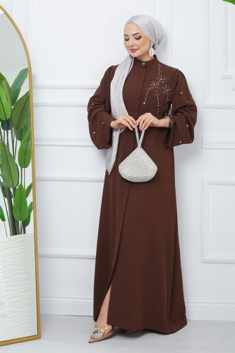 moda selvim Stone Detailed Crepe Abaya EFS445 Brown - Thumbnail