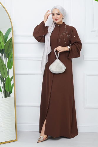 moda selvim Stone Detailed Crepe Abaya EFS445 Brown - Thumbnail