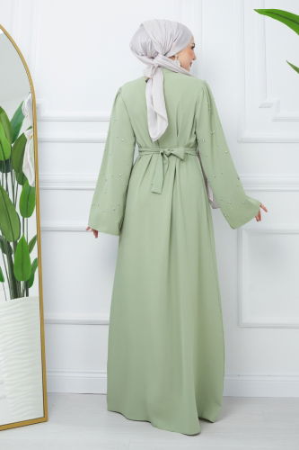 moda selvim Stone Detailed Crepe Abaya EFS445 Mint - Thumbnail