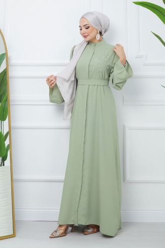 moda selvim Stone Detailed Crepe Abaya EFS445 Mint - Thumbnail