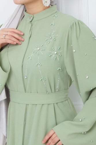 moda selvim Stone Detailed Crepe Abaya EFS445 Mint - Thumbnail