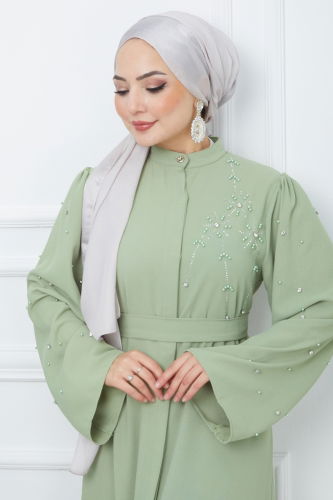 moda selvim Stone Detailed Crepe Abaya EFS445 Mint - Thumbnail