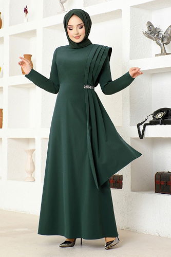 moda selvim Stone Detailed Crepe Dress ASM2693-M Emerald - Thumbnail