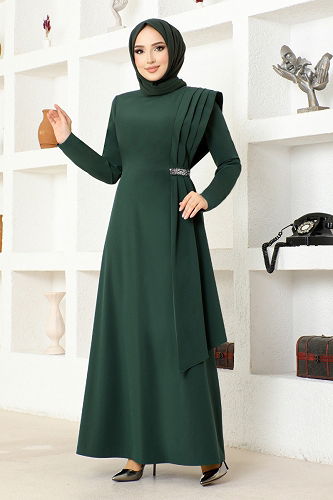 moda selvim Stone Detailed Crepe Dress ASM2693-M Emerald - Thumbnail