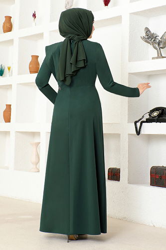 moda selvim Stone Detailed Crepe Dress ASM2693-M Emerald - Thumbnail