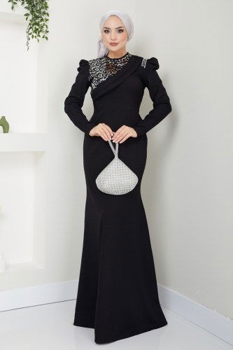 A.S.M. - Stone Detailed Crepe Evening Dress ASM2708 Black & Silver
