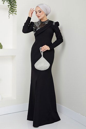 moda selvim Stone Detailed Crepe Evening Dress ASM2708 Black & Silver - Thumbnail