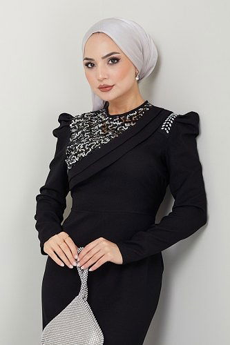 moda selvim Stone Detailed Crepe Evening Dress ASM2708 Black & Silver - Thumbnail