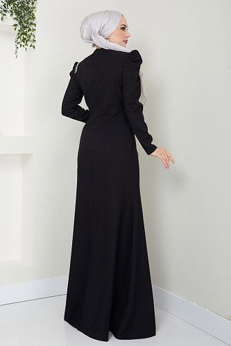 moda selvim Stone Detailed Crepe Evening Dress ASM2708 Black & Silver - Thumbnail