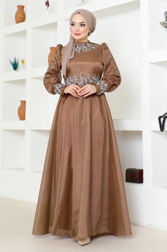 MRV L.P.N. - Stone Detailed Evening Dress LPN6016-M Coffee