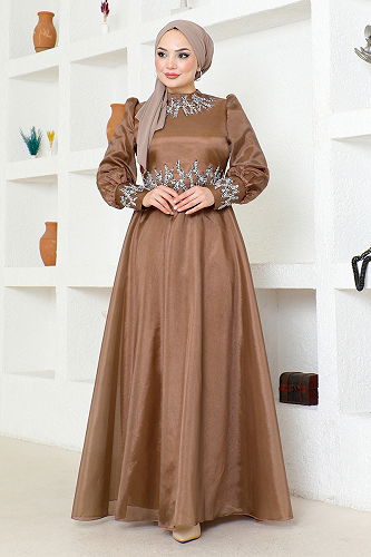 moda selvim Stone Detailed Evening Dress LPN6016-M Coffee - Thumbnail