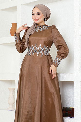 moda selvim Stone Detailed Evening Dress LPN6016-M Coffee - Thumbnail