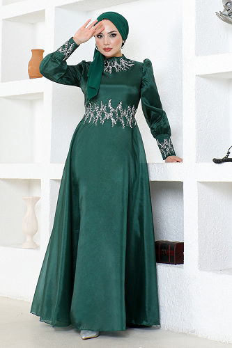 moda selvim Stone Detailed Evening Dress LPN6016-M Emerald - Thumbnail
