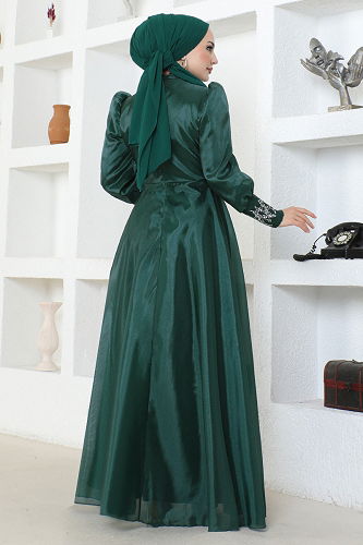 moda selvim Stone Detailed Evening Dress LPN6016-M Emerald - Thumbnail