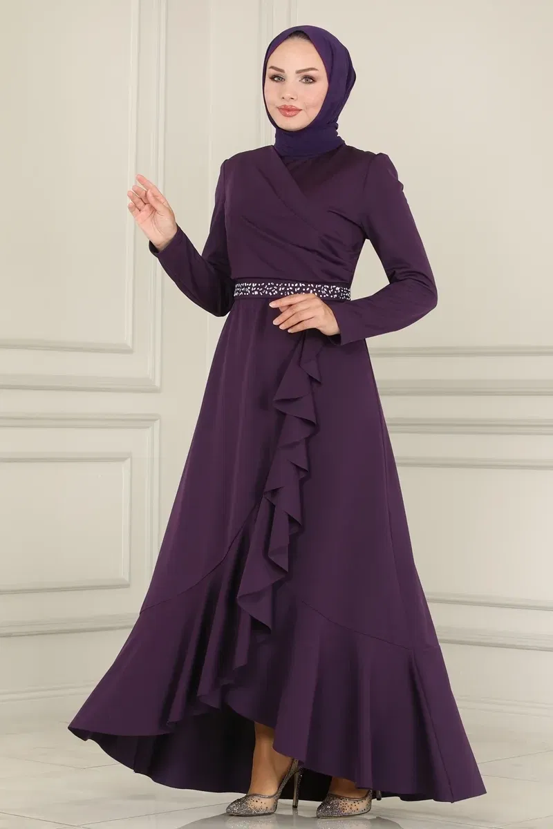 moda selvim Stone Detailed Evening Dresses with Flared Skirt ASM2497-1 Purple - Thumbnail