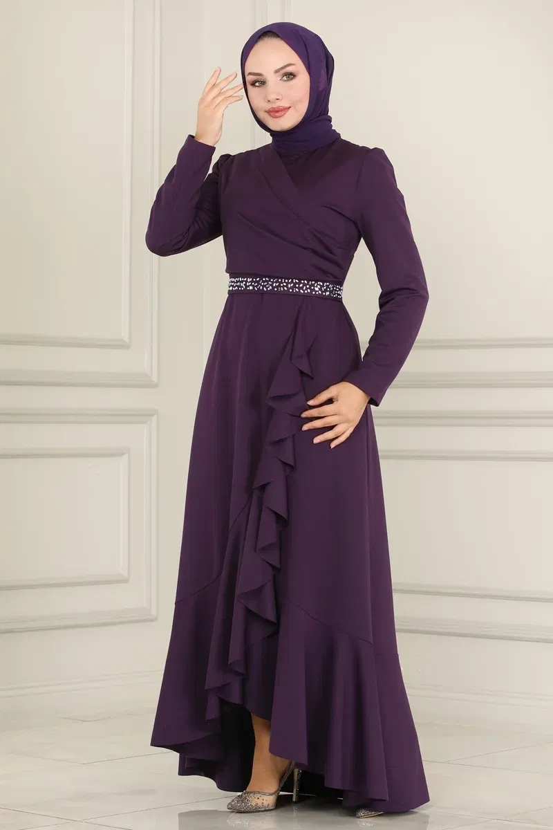 moda selvim Stone Detailed Evening Dresses with Flared Skirt ASM2497-1 Purple - Thumbnail