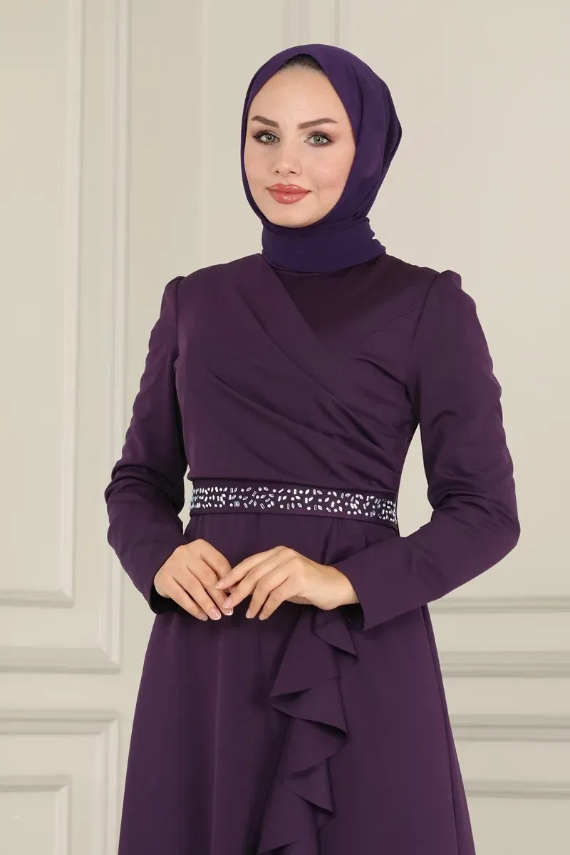 moda selvim Stone Detailed Evening Dresses with Flared Skirt ASM2497-1 Purple - Thumbnail